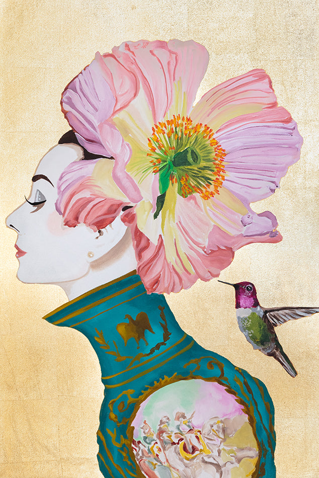 Audrey with Pink Poppy and Violet-headed Hummingbird on Gold Leaf