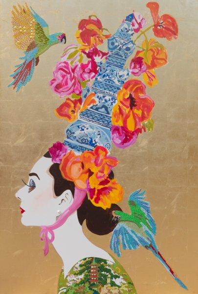 Audrey with Ming Pagoda Headdress and Parrots