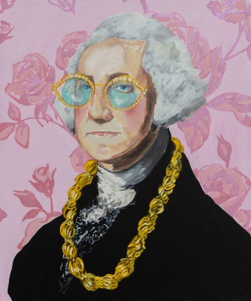 George Washington with Donkey Rope and Pink Floral Background