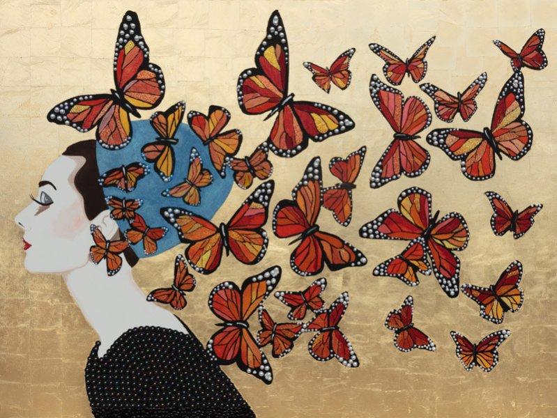 Audrey with Trail of Monarchs and Gold Leaf Background