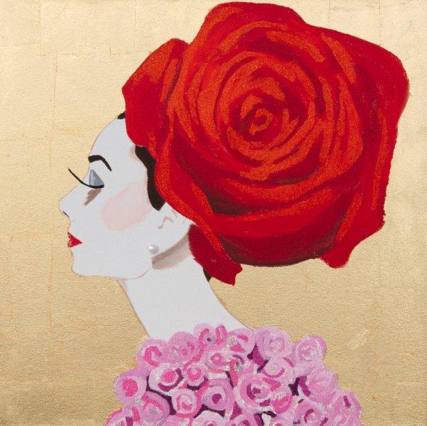 Audrey with Red Rose Headdress and Gold Leaf Background