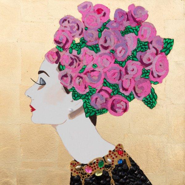 Audrey with Pink Rose Bouquet Headdress and Gold Leaf Background