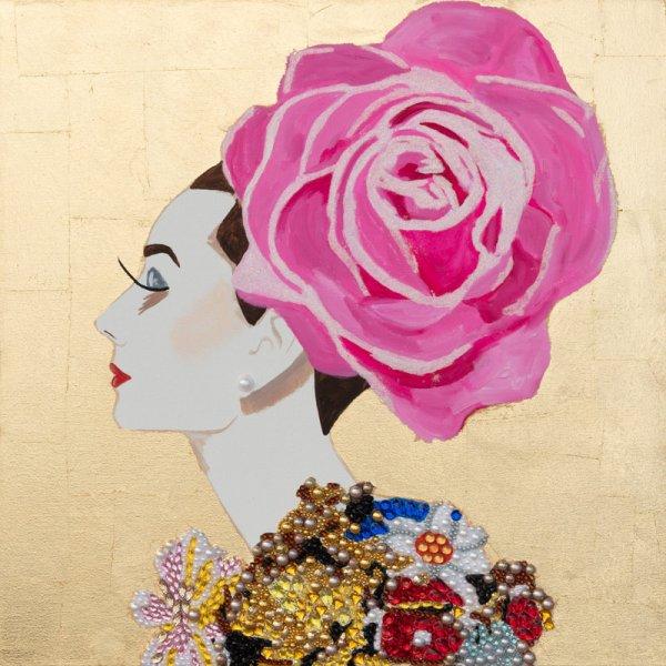 Audrey with Pink Rose Headdress and Gold Leaf Background