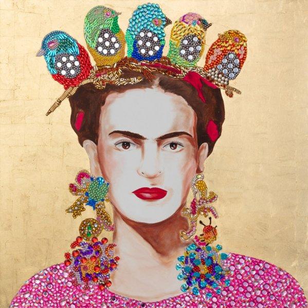 Frida with Little Birds Crown and Gold Leaf Background