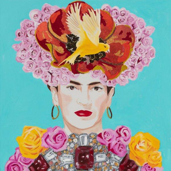 Frida with Red Flower & Roses Headdress, Bejeweled Dress and Turquoise Background