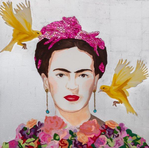 Frida with Yellow Flying Parakeets, Flower Bouquet Dress and Silver Leaf Background