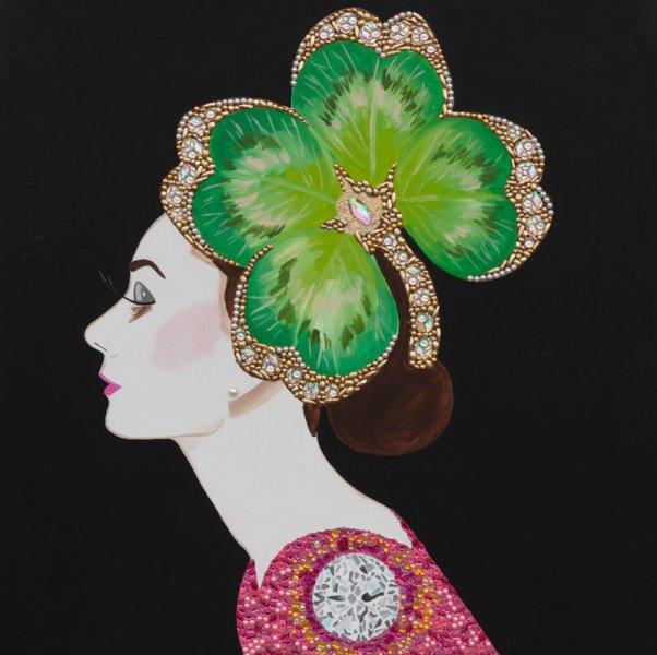 Audrey with Clover Brooch Headdress and Black Background