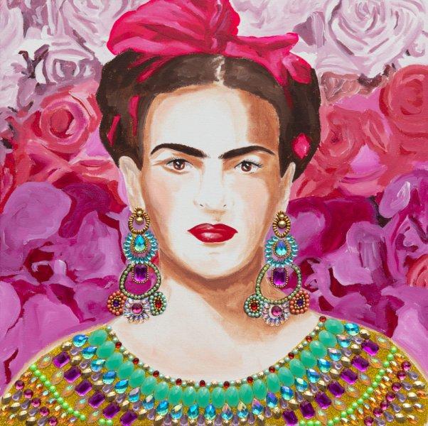 Frida with Pink and Fuchsia Floral Background