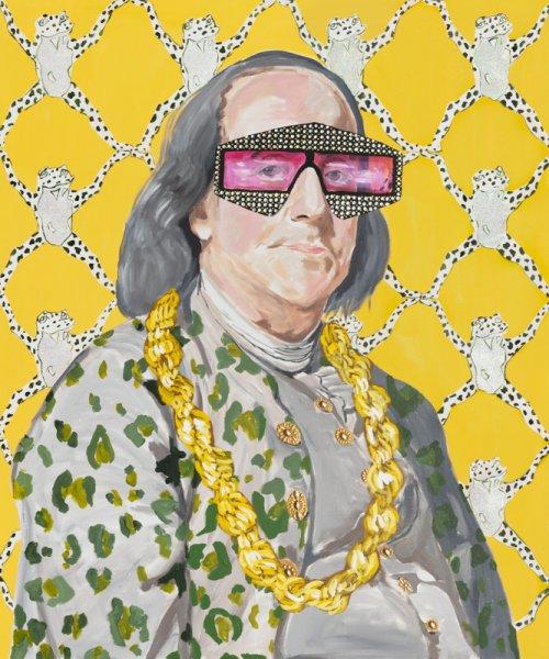 Benjamin Franklin with Donkey Chain, Frog Wallpaper, and Cheetah Jacket