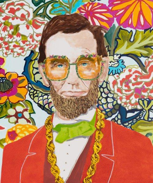 Abe Lincoln with Donkey Chain, Floral Wallpaper, and Red Jacket