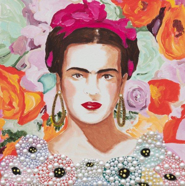 Frida with Orange Floral and Succulent Background