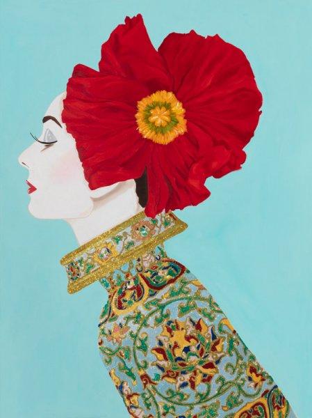 Audrey with Red Poppy Headdress and Light Blue Background