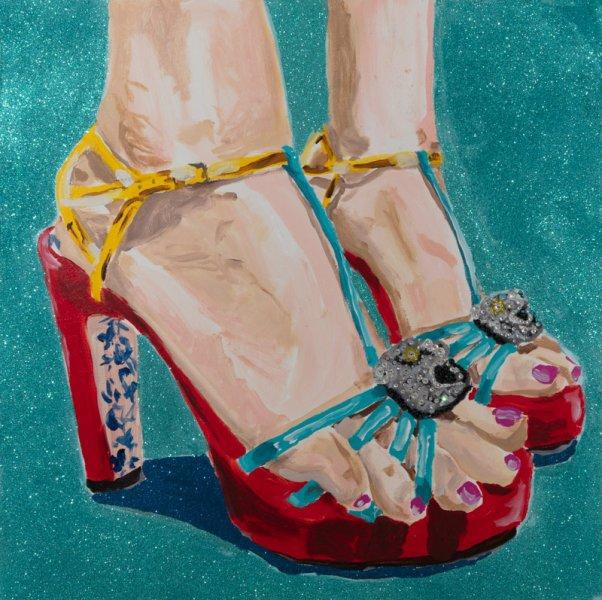 Portrait of Feet with Gucci Red & Blue Heels, Pink Toe Nails, and Turquoise Glitter Background