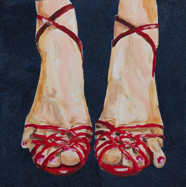 Portrait of Feet with Red Strappy Heels, Pink Toe Nail Polish and Black Glitter Background