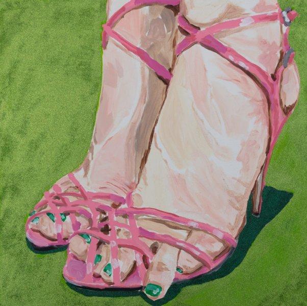 Portrait of Feet with Pink Strappy Sandals, Green Toe Nail Polish, and Green Glitter Background