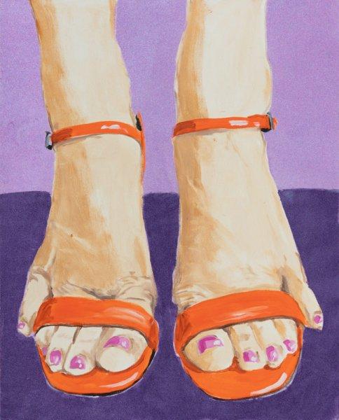 Portrait of Feet with Orange Heels, Pink Toe Nail Polish, and Purple Glitter Background