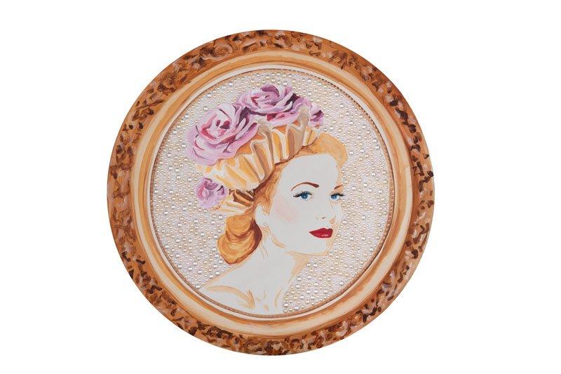 Grace Kelly with Cup Cake Headdress and Vintage Gold Frame Circle Cut Out