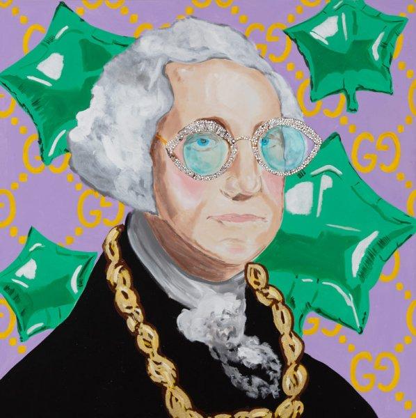 George Washington with Green Mylar Balloons and Gucci Background