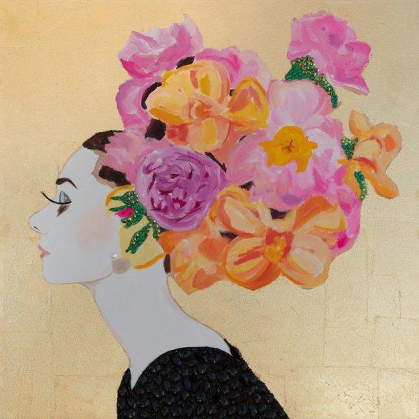 Audrey with Pink Spring Floral Headdress and Gold Leaf