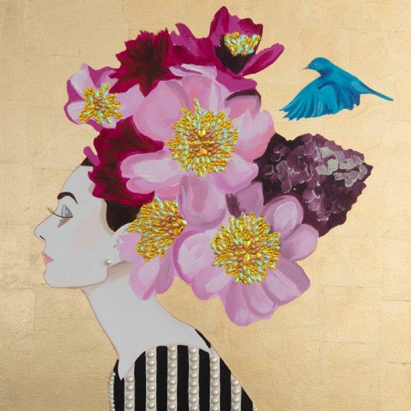 Audrey with Peony, Hydrangea Headdress, and Bluebird on Gold Leaf