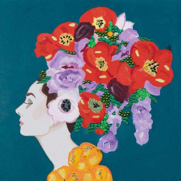 Audrey with Poppy and Iris Headdress, Teal Background