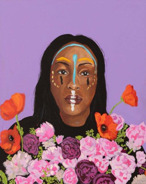 Alicia with Pink Flowers and Purple Background