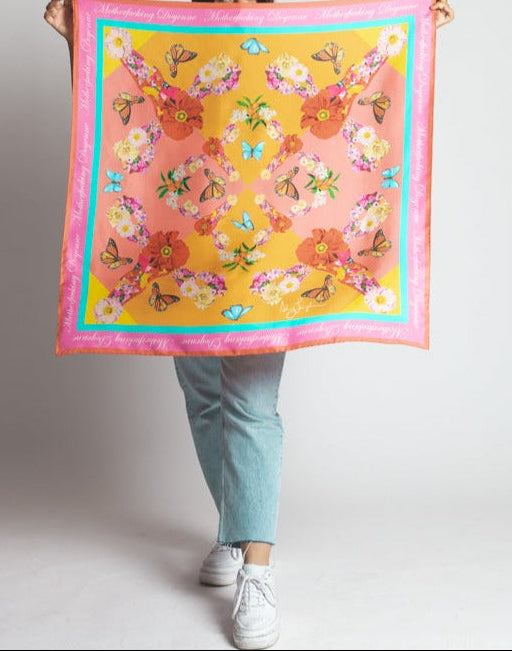 DOYENNE: a woman who is the most respected or prominent person in a particular field.    Repeat after me - I AM A MOTHERFUCKING DOYENNE!!! I will be respected and accomplish anything I put my mind to.... FUCK!!! I love powerful women, and I love this scarf....the butterflies, the flowers, the UTERI, and the powerful message just make me tingle...  35" x 35" 100% Silk Scarf with Hand Rolled Edges. Made in Italy.