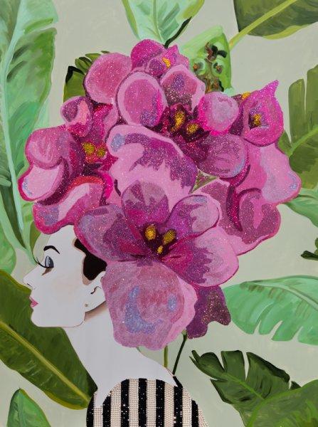 Audrey with Pink Floral Headdress and Banana Leaf Background