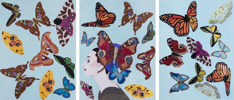 Audrey with Swarming Butterflies Triptych
