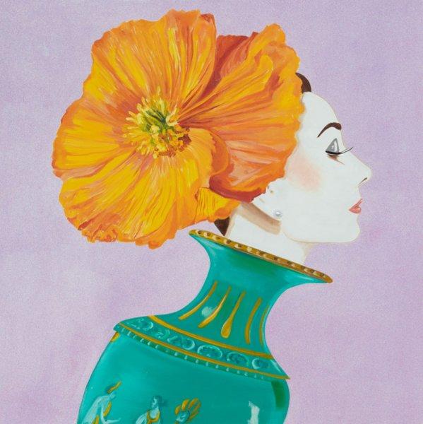 Audrey with Light Orange Poppy Headdress and Vase Dress