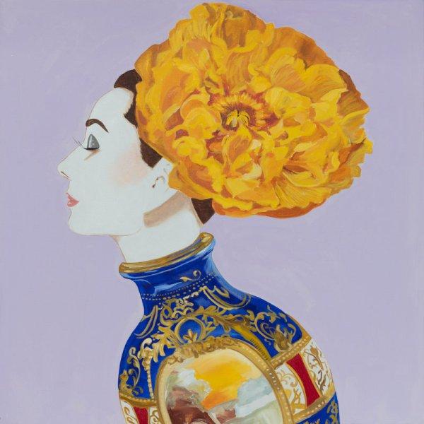 Audrey with Yellow Peony Headpiece and Vase Dress