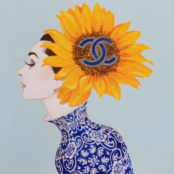 Audrey with Chanel Sunflower and Blue Vase