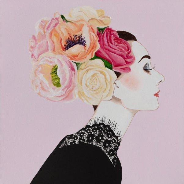 Audrey with Pink Bouquet Headdress and Black Lace Dress