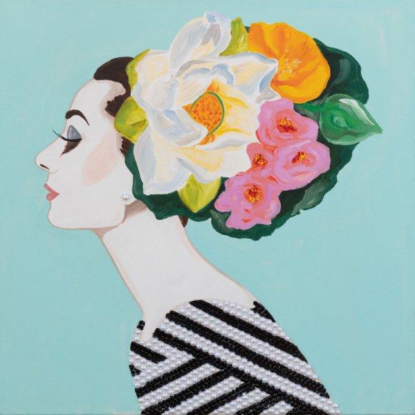 Audrey with Spring Floral Headdress and Striped Dress