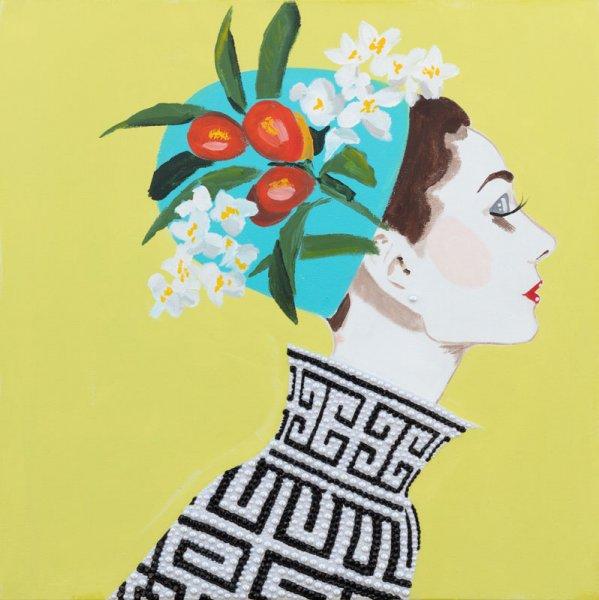 Audrey with Kumquat Headdress, Black and White Vase Dress on Chartreuse Background