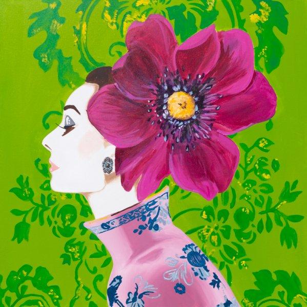 Audrey with Fuchsia Anemone on Green Floral Background