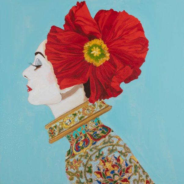 Audrey with Red Poppy Headdress and Light Blue Background