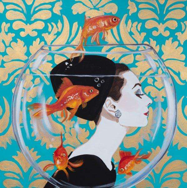 Fishbowl Audrey with Blue and Gold Damask Background