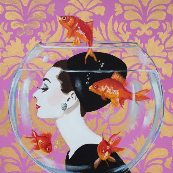 Fishbowl Audrey with Pink and Gold Damask Background