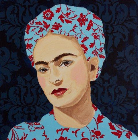 Frida with Navy Damask Background