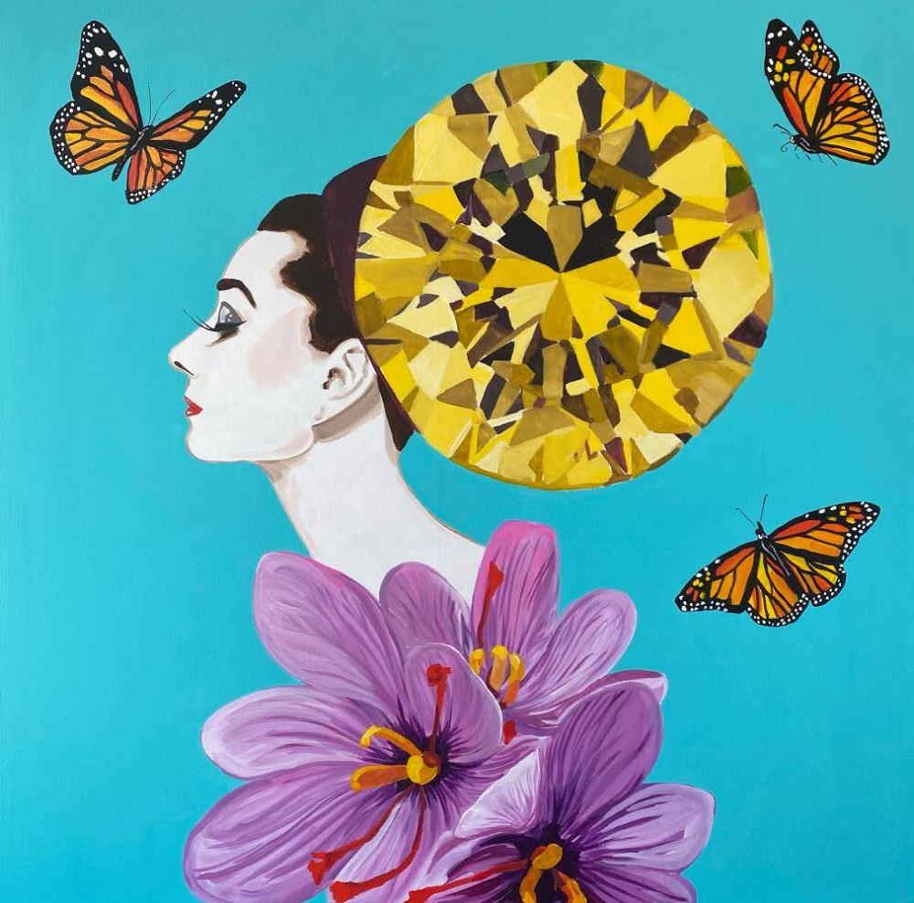 Audrey with Yellow Diamond Headdress and Purple Blossoms Dress