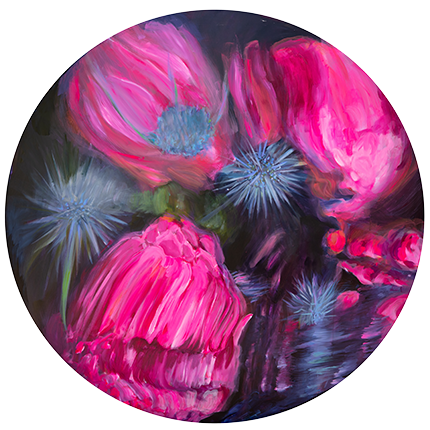 48” Round Monette Blue Thistles and Peonies