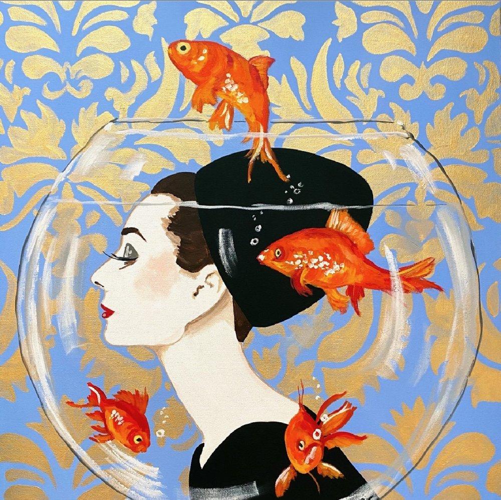 Audrey Fishbowl on Periwinkle Damask Background