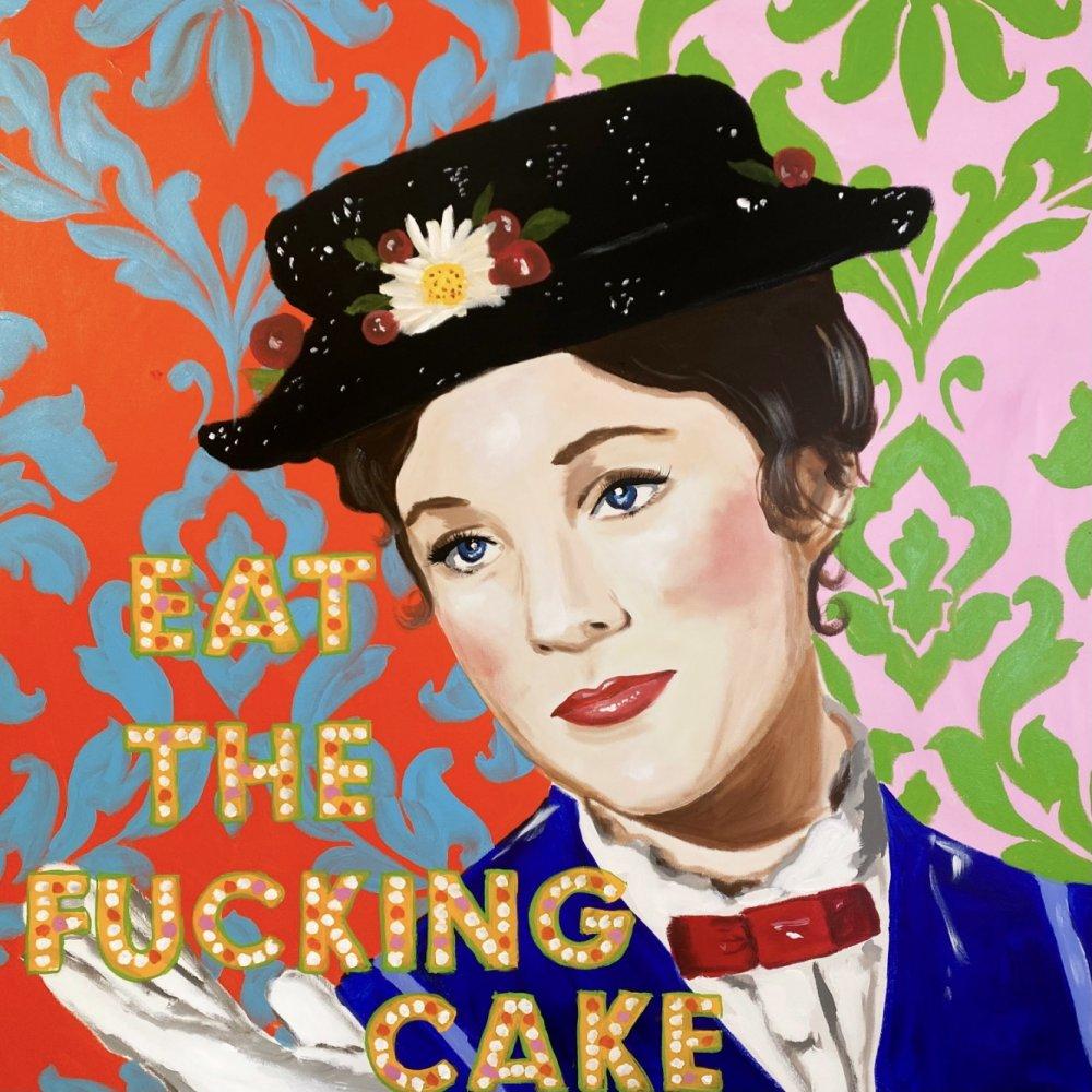 Eat the Fucking Cake on Red and Pink Damask