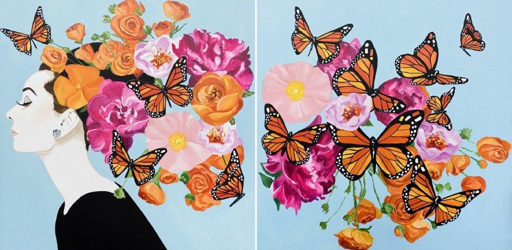 Audrey Diptych with Trailing Florals and Monarchs