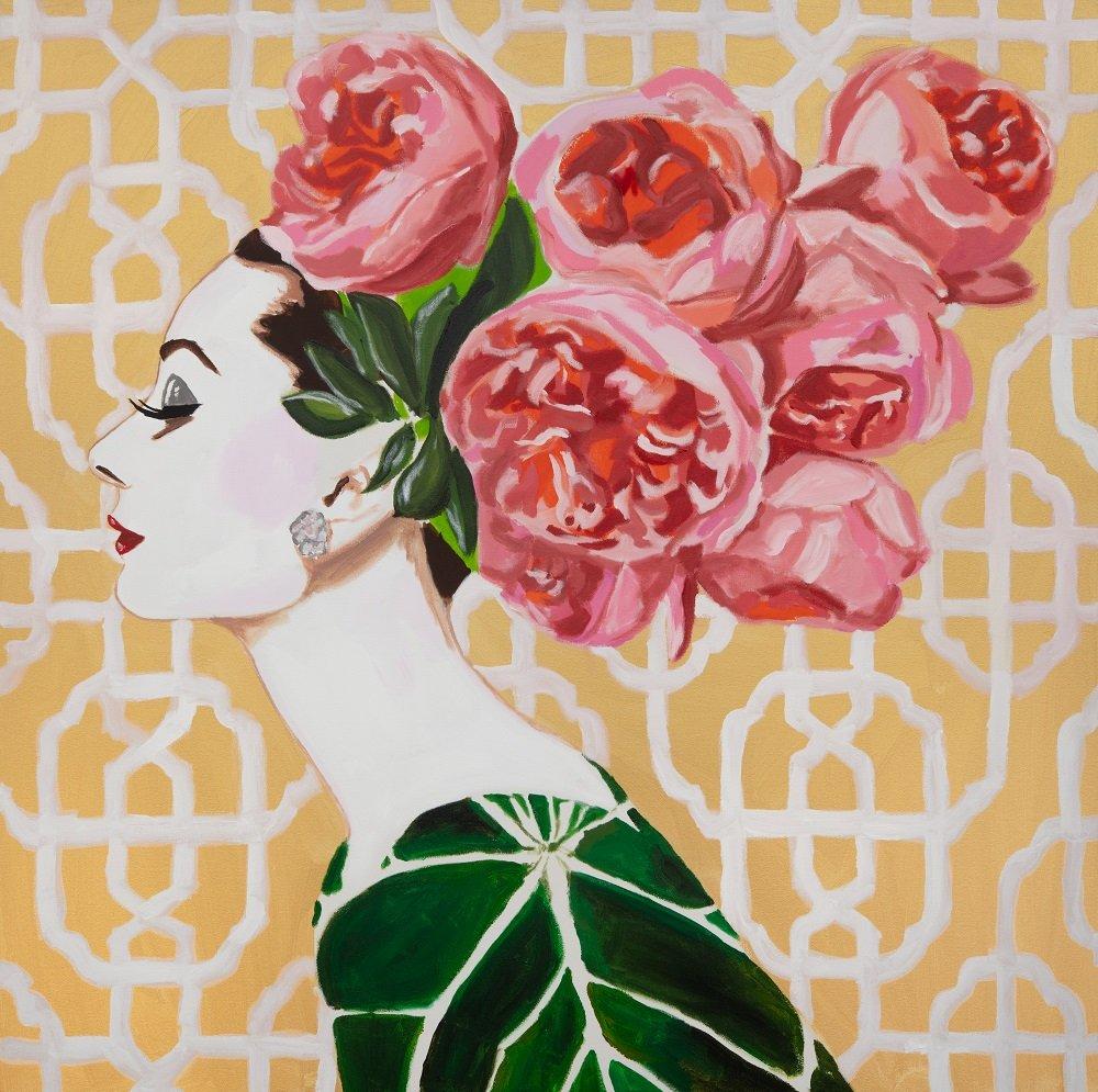 Audrey with Pink Peony Headdress and Gold Background
