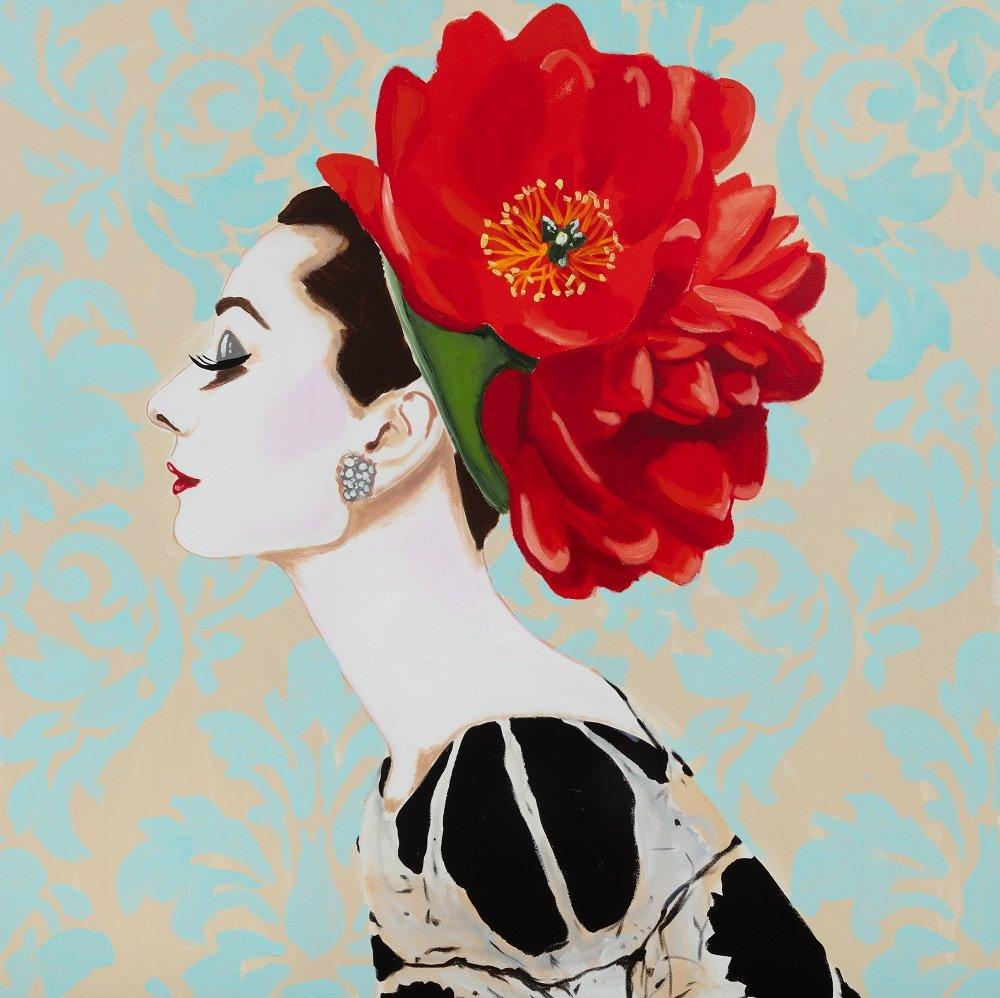 Audrey with Red Lotus Headdress and Powder Blue Damask Background Background
