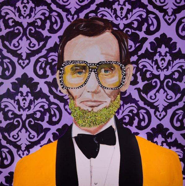 Abe with Purple Damask Background and Yellow Suit