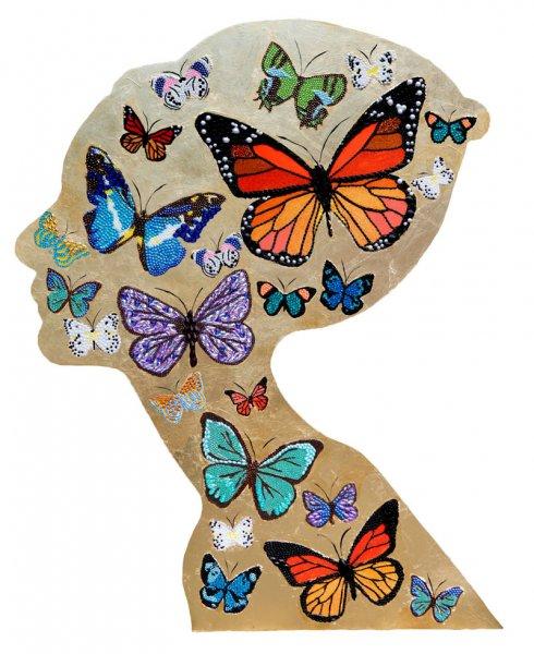 Audrey Profile Cut Out with Multi-Color Butterfly Swarm and Gold Leaf