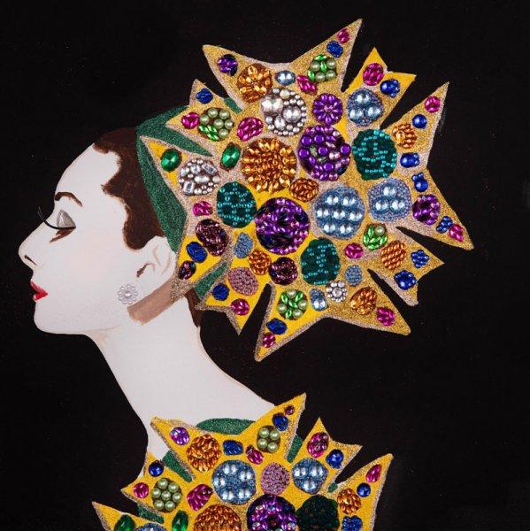 Audrey with Multi-Gem Brooch and Black Background
